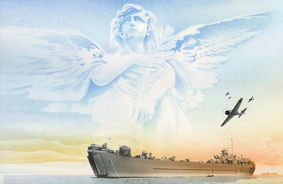 Artist's rendering of an angel in the skies protecting a battleship under attack
