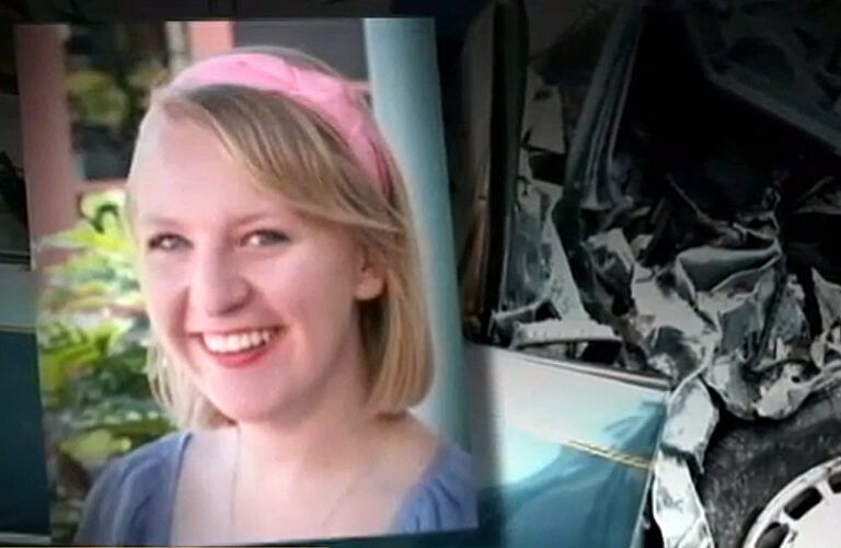 A photo of Katie Lentz, superimposed over a shot of her mangled car