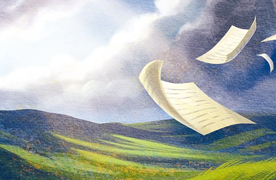An artist's rendering of pages from a book blowing across the English moors