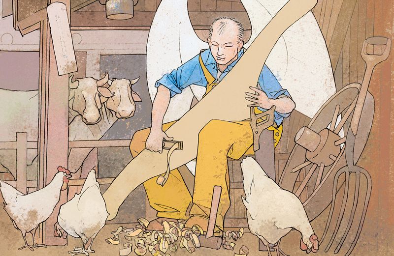 Artist's rendering of a winged farmer carving a yoke
