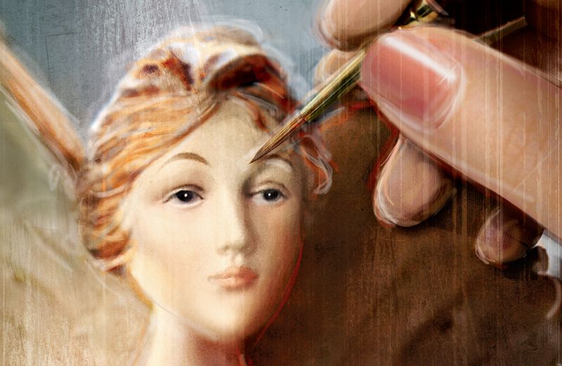 An artist's rendering of a hand painting an angel statue's face