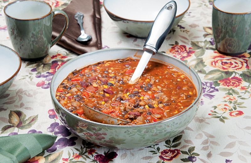 Guideposts: A large serving dish filled with vegetarian chili