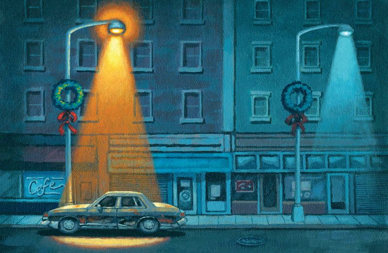 An artist's rendering of an old car lit by the golden glow of a streetlight
