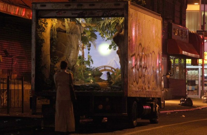 Street artist Banksy's mobile garden in the back of a delivery truck in New York