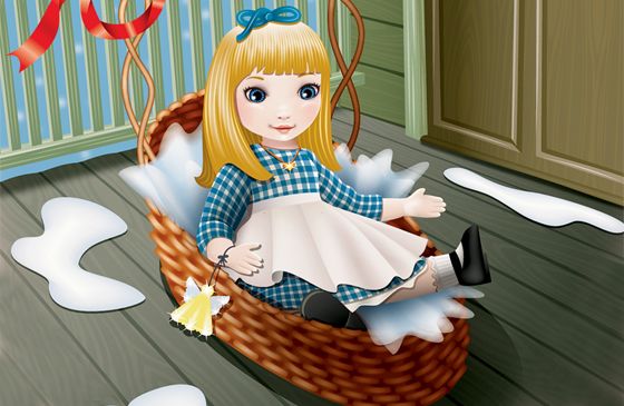 An artist's illustration of a doll in a basket left on a doorstep