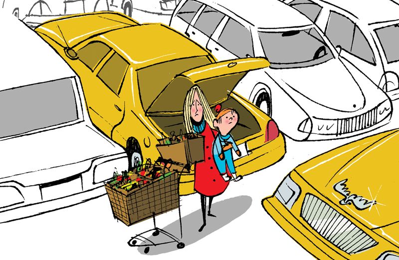 An artist's rendering of woman with shopping cart and kid in crowded parking lot