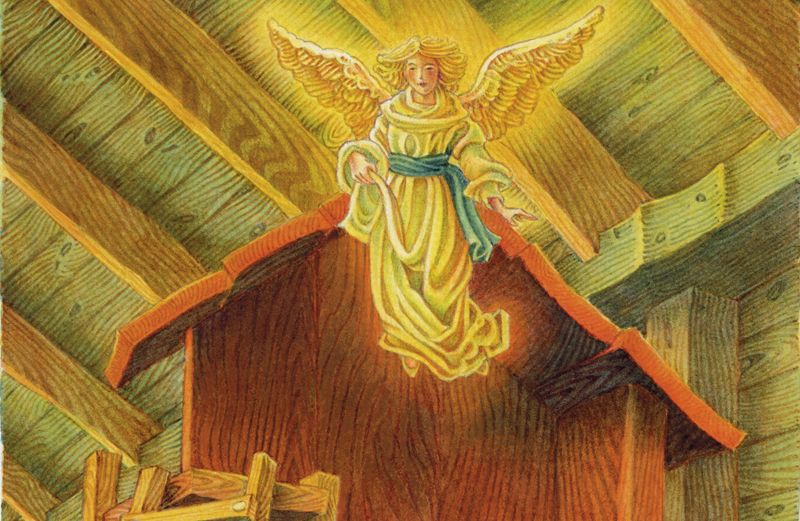 An artist's rendering of an angel hovering over a Nativity set manger