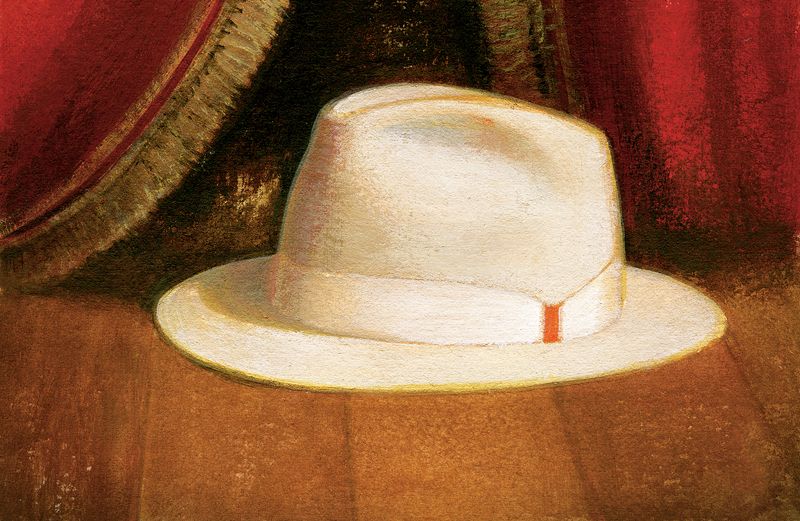 An artist's rendering of a tan fedora on a stage before a red velvet curtain