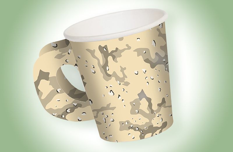 An artist's rendering of a camouflage coffee cup