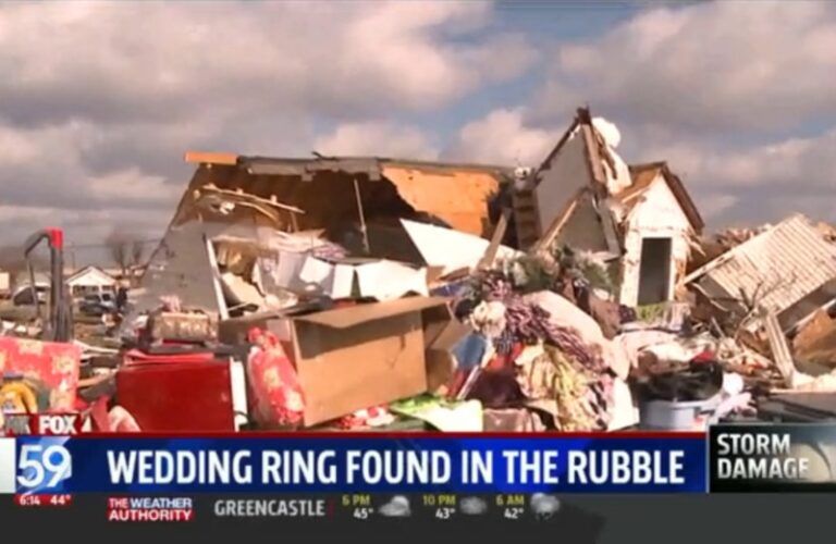Phyllis Rawlins' wedding ring found after tornado in Kokomo, Indiana. Via Fox 59