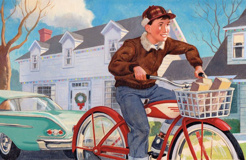 An artist's rendering of a boy pedaling a bike with a basket full of cards