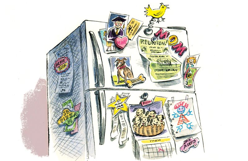 An artist's rendering of a fridge covered with recipes, pictures, etc.