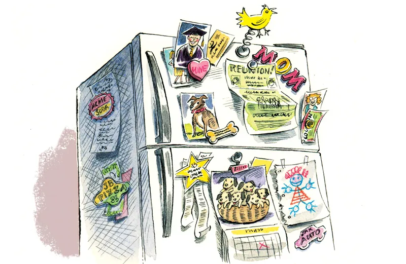 An artist's rendering of a fridge covered with recipes, pictures, etc.