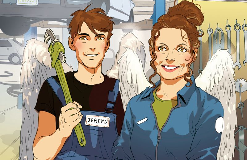 An artist's rendering of a mechanic and greeter, both with angel wings