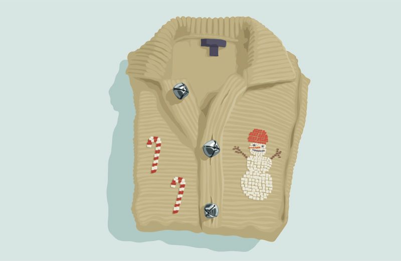 An artist's rendering of a Christmas sweater with jingle bells for buttons