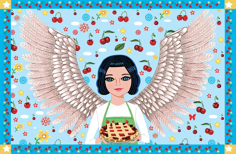 An artist's rendering of a smiling angel holding a cherry pie