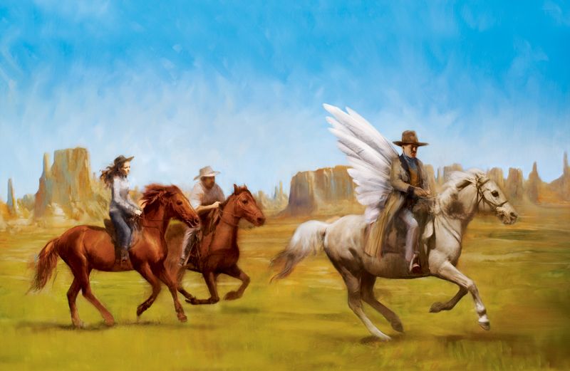 An artist's rendering of Erika and an angelic cowboy on horseback