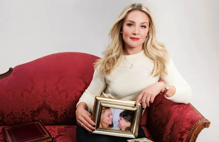 Elisabeth Rohm poses with a framed picture of her with her mother.