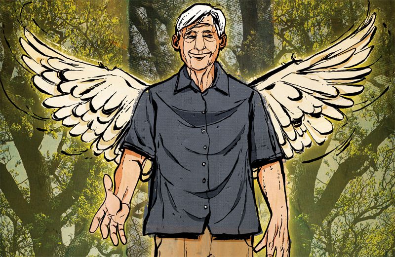 An artist's rendering of a grandfatherly angel, reaching out his hand