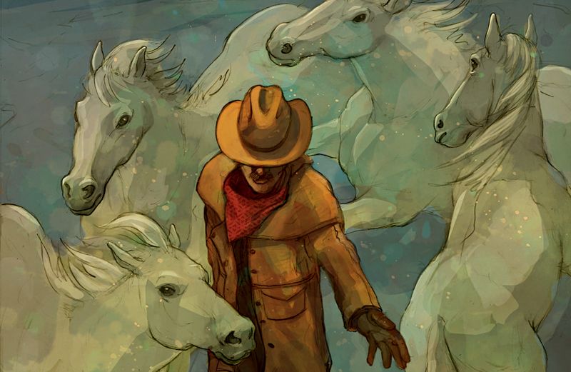 An artist's rendering of a cowboy rounding up frightened horses at night