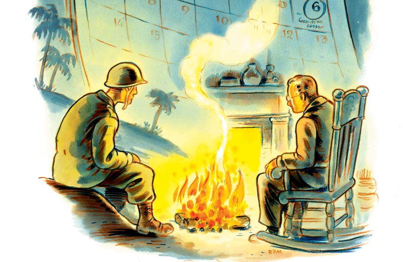 An artist's rendering of David's father and his grandfather by a campfire