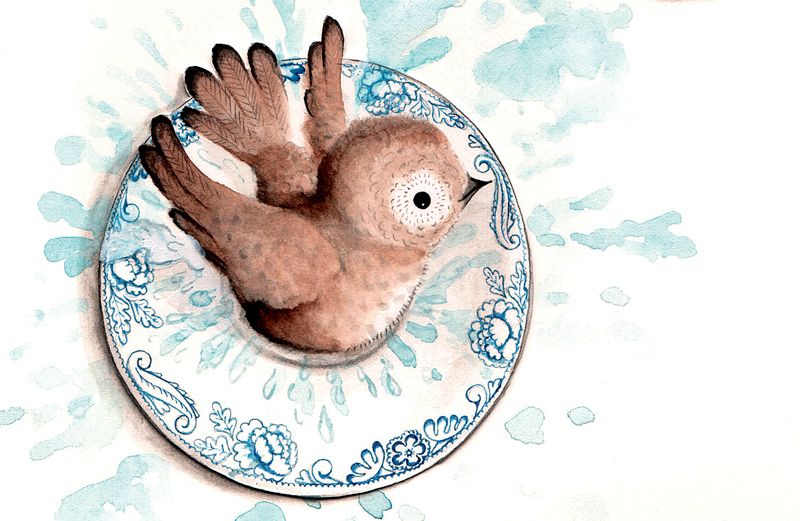 An artist's rendering of a baby bird bathing in a small ceramic dish