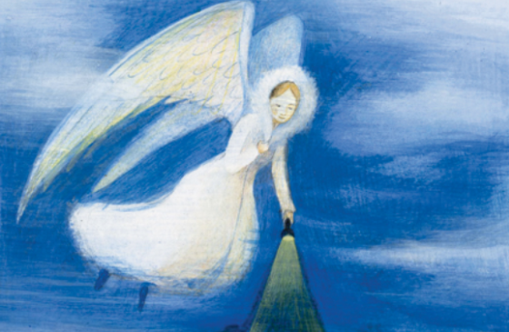 An artist's rendering of an angel shining a light on a search party