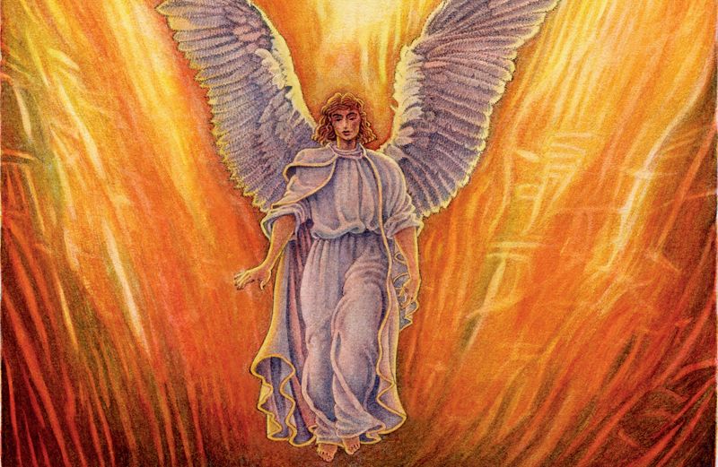 An artist's rendering of an angel flying above a raging fire