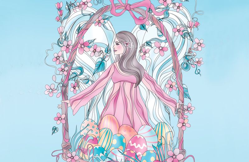 An artist's rendering of an angel in an Easter basket