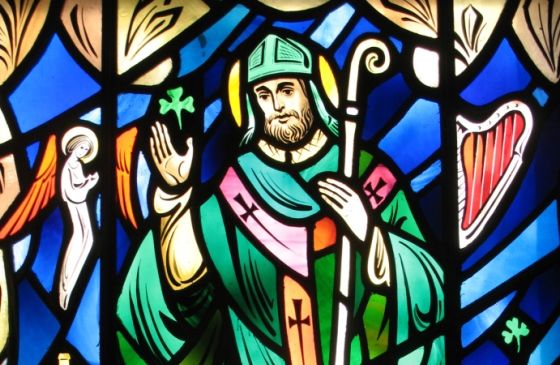Stained glass of Saint Patrick for a St. Patrick's Day devotion