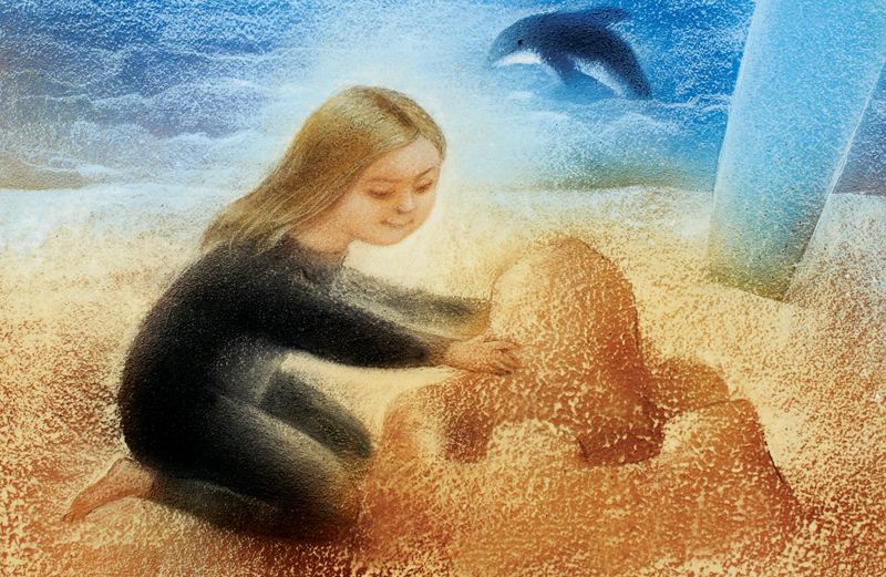 An artist's rendering of a young girl building a sand castle at the beach