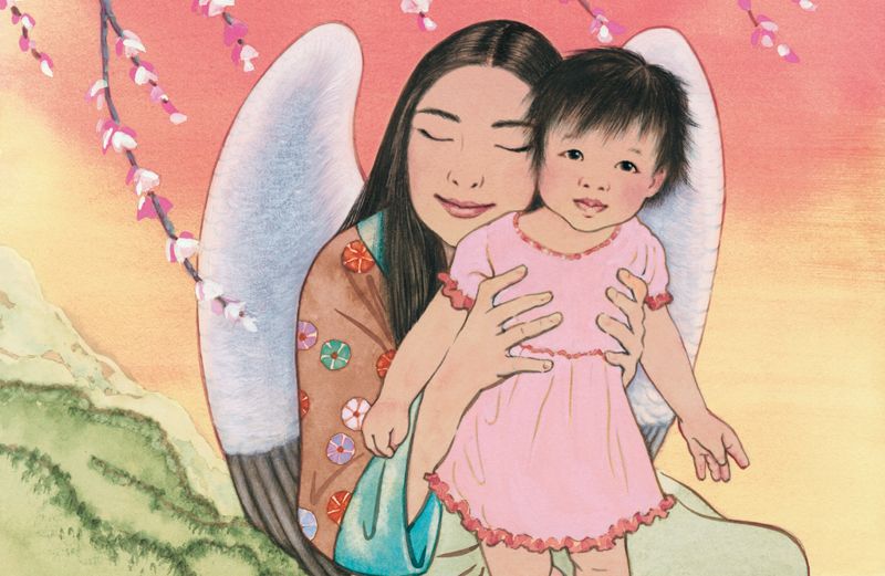 An artist's rendering of a Chinese angel embracing a young Chinese girl