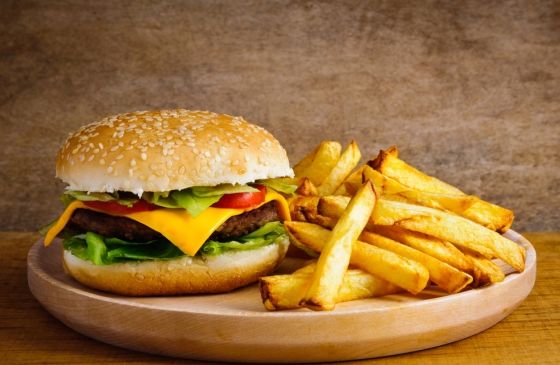 close-up of burger and fries