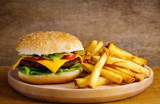 close-up of burger and fries