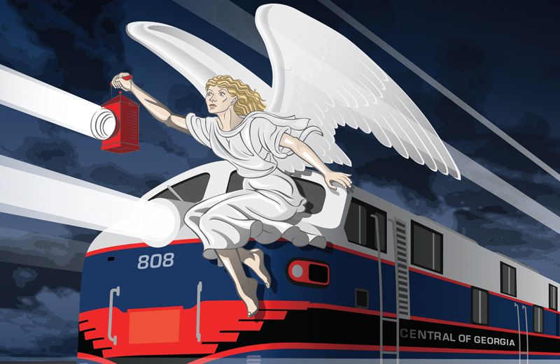Artist's rendering of an angel perched atop a speeding train, holding a lantern