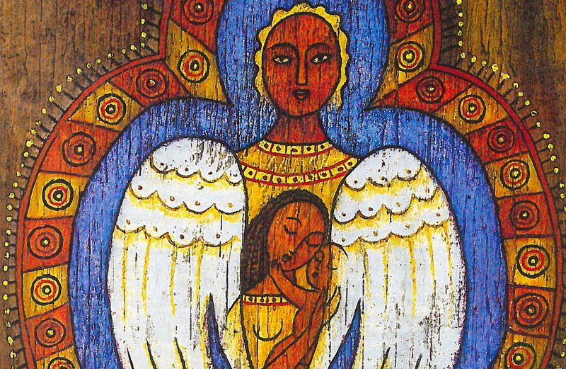 An artist's rendering of an angel enclosing Marion and her child in her wings