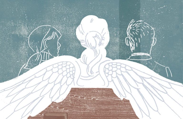 An artist's rendering of an angel seated in a pew between a man and a woman.