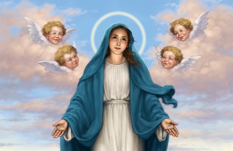 An artist's rendering of the Virgin Mary surrounded by cherubs