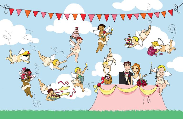 An artist's rendering of a happy outdoor wedding