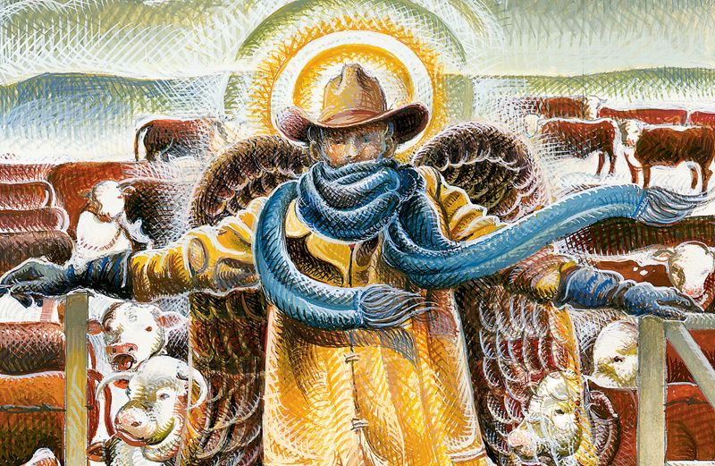 An artist's rendering of a snow angel saving some cows
