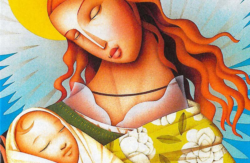 An artist's rendering of a angel cradling a tiny baby in her arms