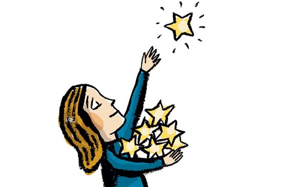 An artist's rendering of a smiling woman gathering stars from the sky