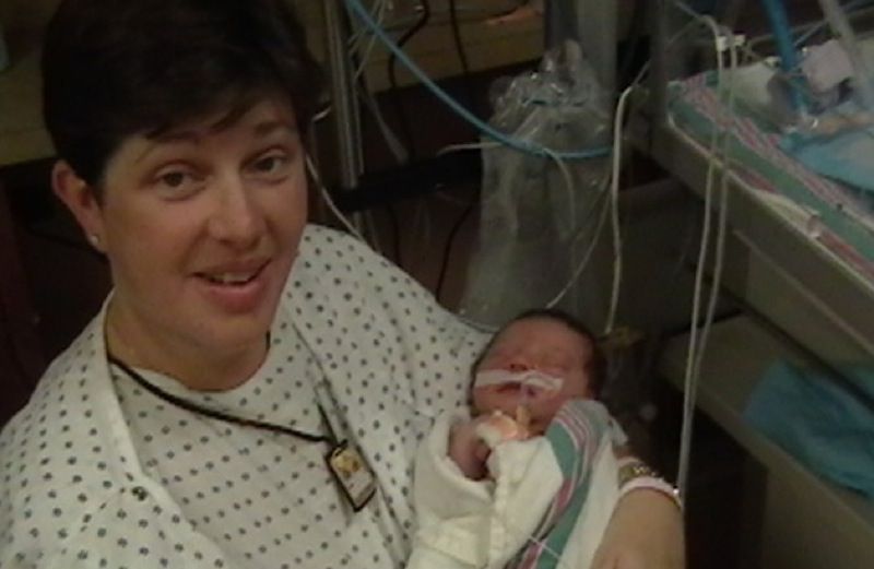 Marie Hatcher holding her son Matthew, who has a CHD, for the first time