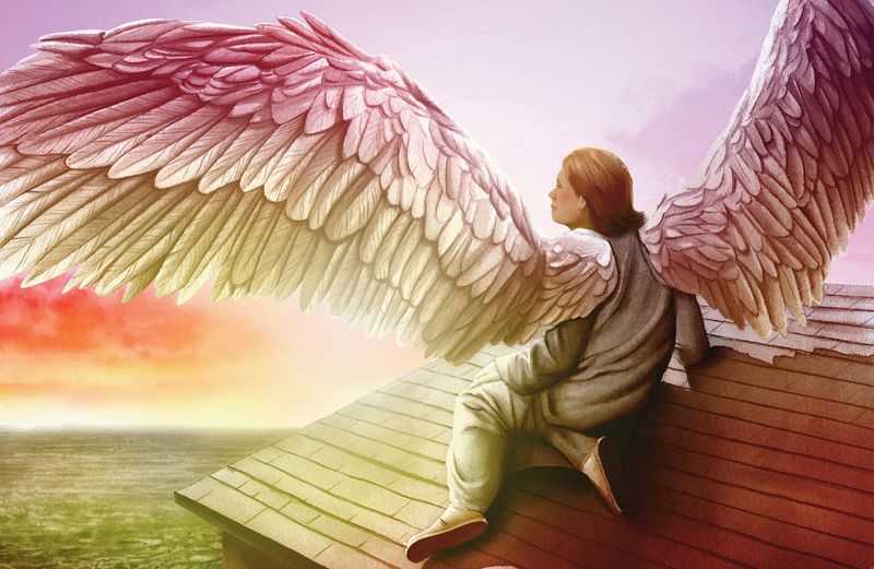 An artist's rendering of an angel on the rooftop of a house