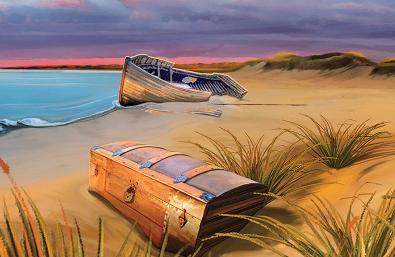 An artist's rendering of an abandoned dinghy and a locked chest on  a beach.