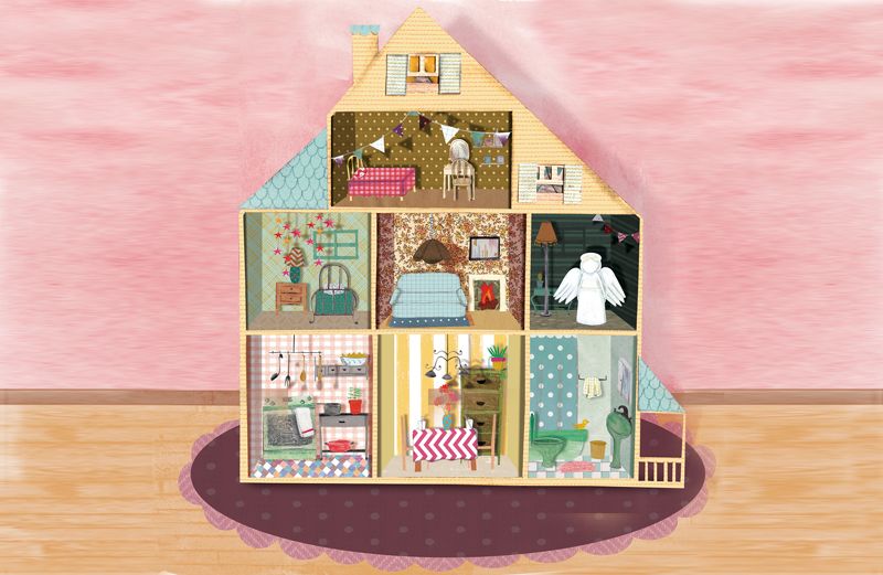 An artist's rendering of a fuly furnished dollhouse