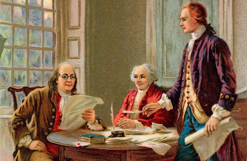 J.L.G.Ferris' rendering of Benjamin Franklin, John Adams, and Thomas Jefferson