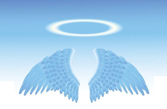 an illustration of angel wings topped with a halo