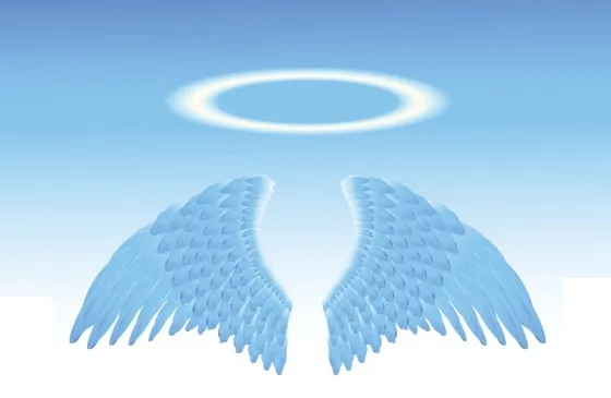 an illustration of angel wings topped with a halo