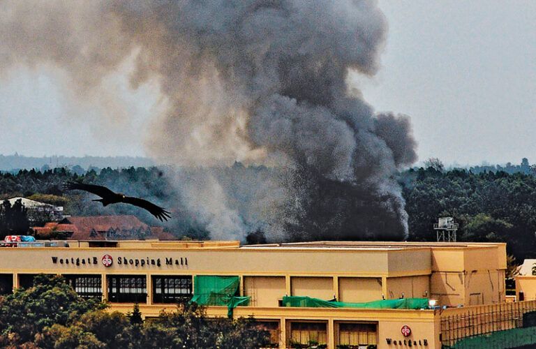 The Westgate mall is left smouldering following the terrorist attack.